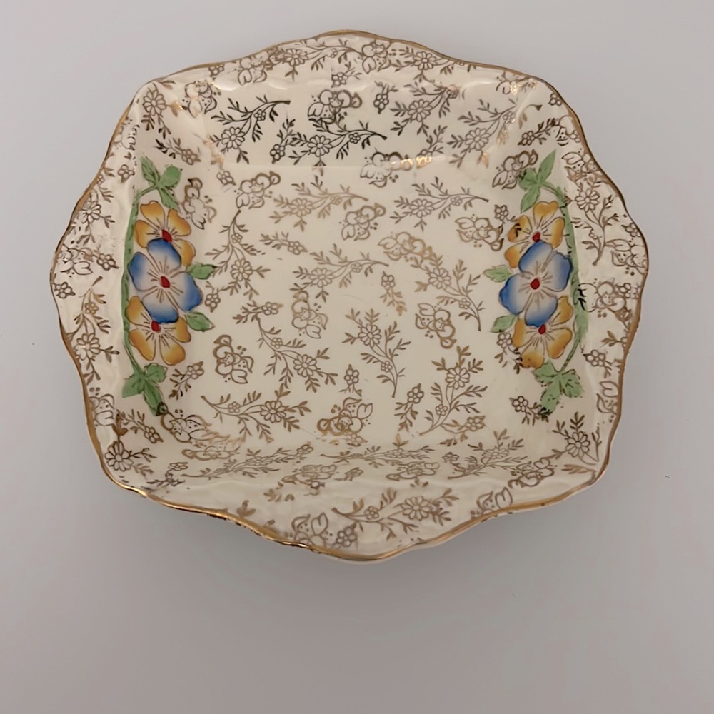 1930’s gold gilded hand painted Porcelain Dish - James Kent chintz periwinkle